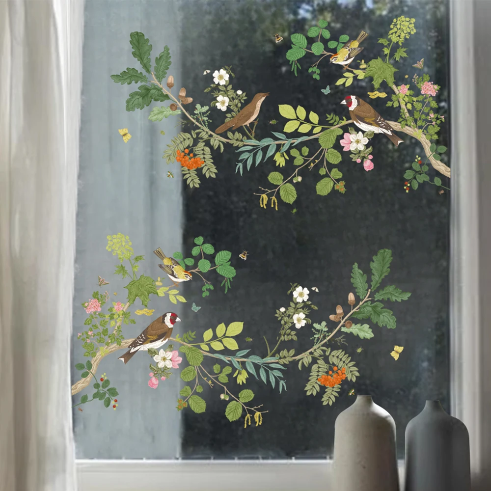 Buntfarbene, doppelseitige Fensteraufkleber, lebendige Farben, Gartenvögel, Blumenmuster, Glastür, Spiegel, statisch haftendes Dekor für Zuhause