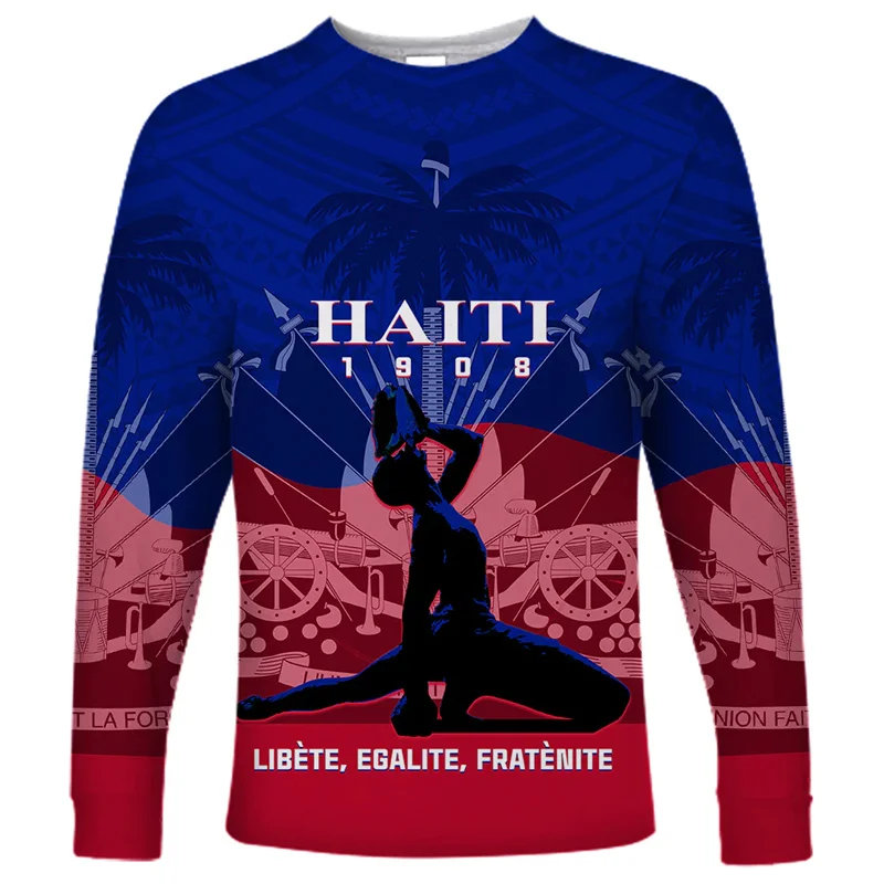 3D Printed Haiti Flag Coat Of Arms Men T Shirts Negre Marron Women Long Sleeve Tshirts Tops Kid Round Tee Shirt Men Clothes