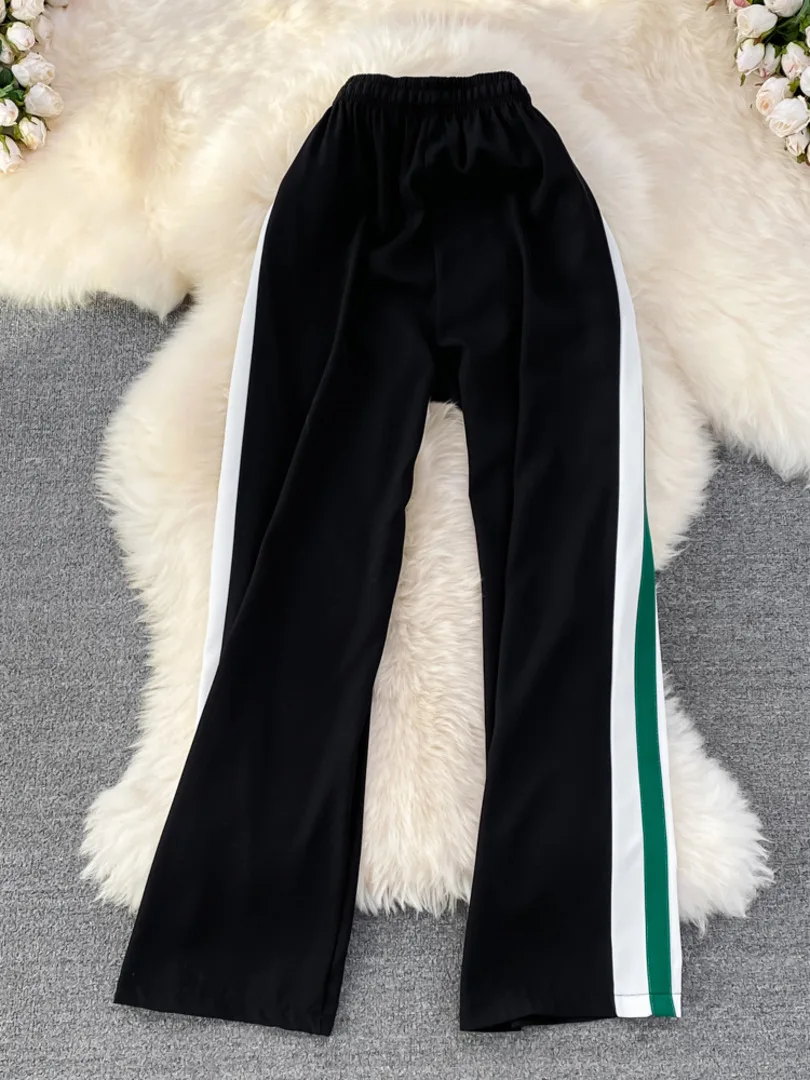 Casual Women Long Pants 2023 Spring Summer Elastic Waist Striped Wide Leg Full Length Trousers Casual Streetwear Female Pants