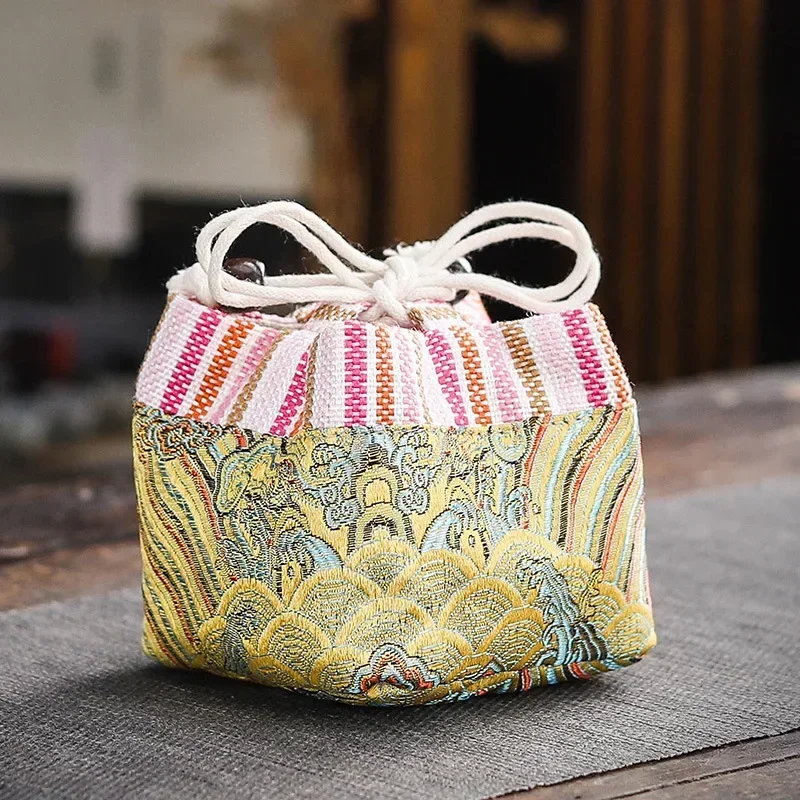 Borsa portaoggetti Vintage da viaggio per esterni tazze da tè in ceramica borse in tessuto con coulisse in cotone e lino accessori per il tè Kung Fu