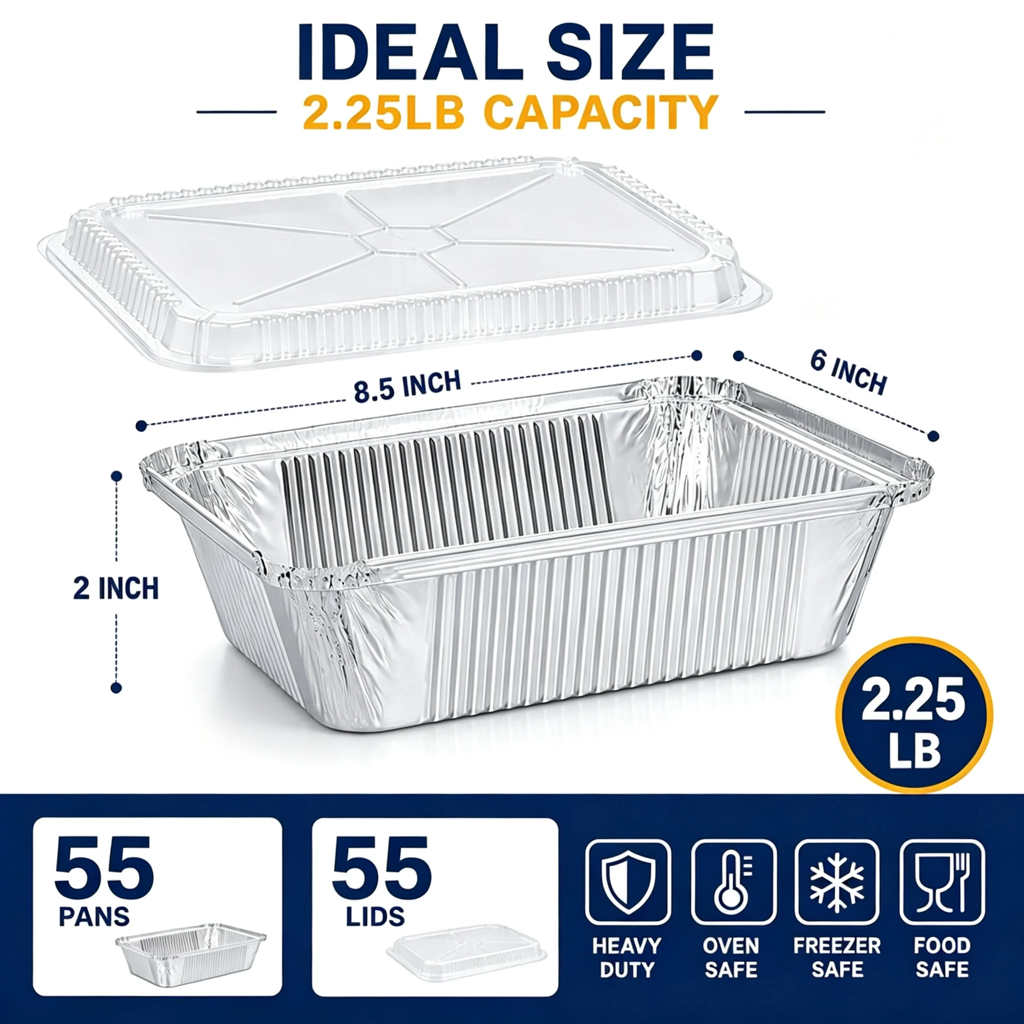 55 Pack 8.5' X 6' Aluminum Pans with Lids, 2.25 LB Foil Food Containers Heavy Duty Tin Foil Pans with Clear Plastic Covers for Meal Prep, Baking, Freezer Storage, Takeout & Catering