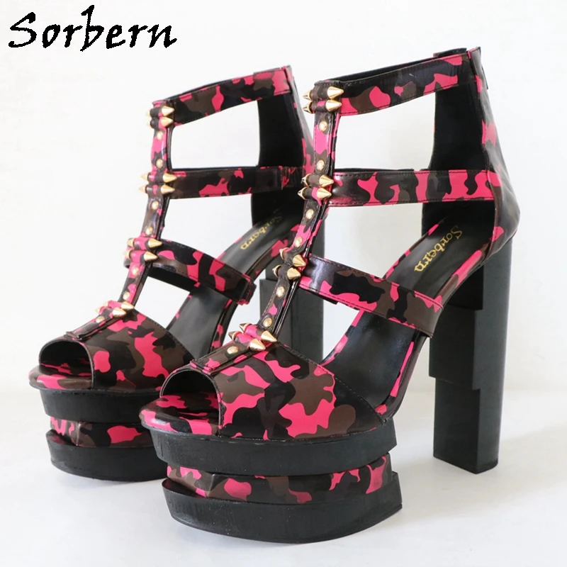 

Sorbern Camouflage Women Sandals Block High Heel Summer Shoes Back Zip Visible Platform Slingback Rivets T-Strap Custom Colors