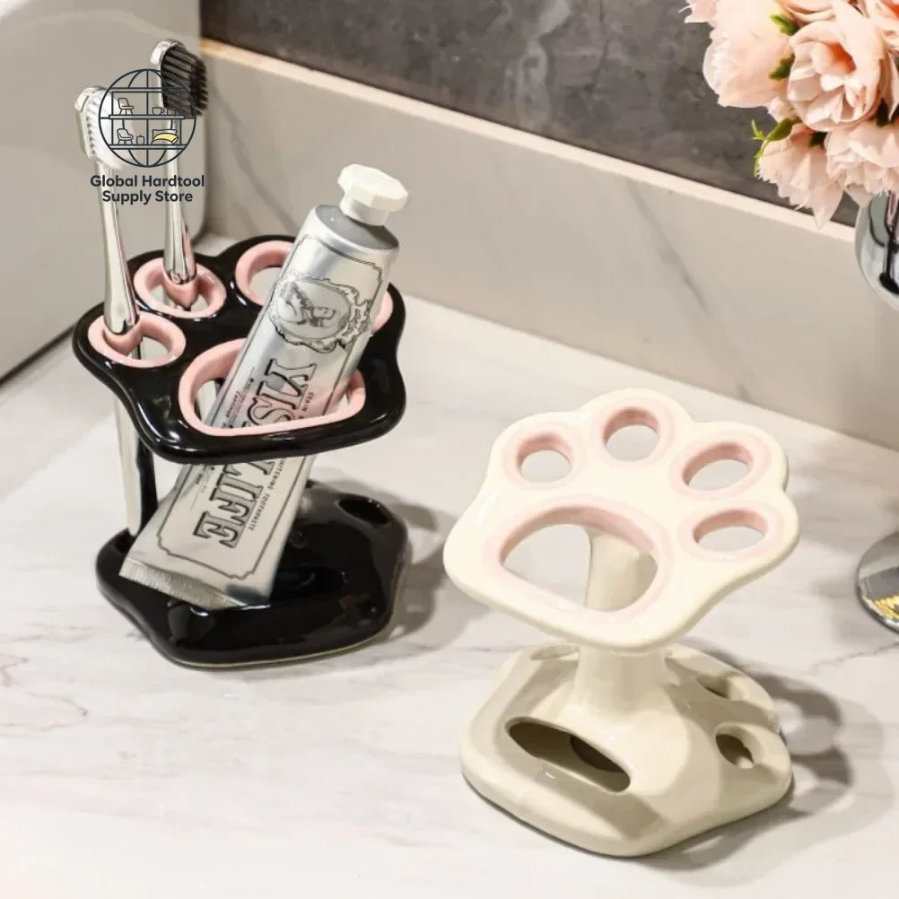 Cat Paw Shape Ceramic Toothbrush Holder Cute No Punching Toothbrush Holder Base Makeup Brush Storage Bathroom Accessories Tool