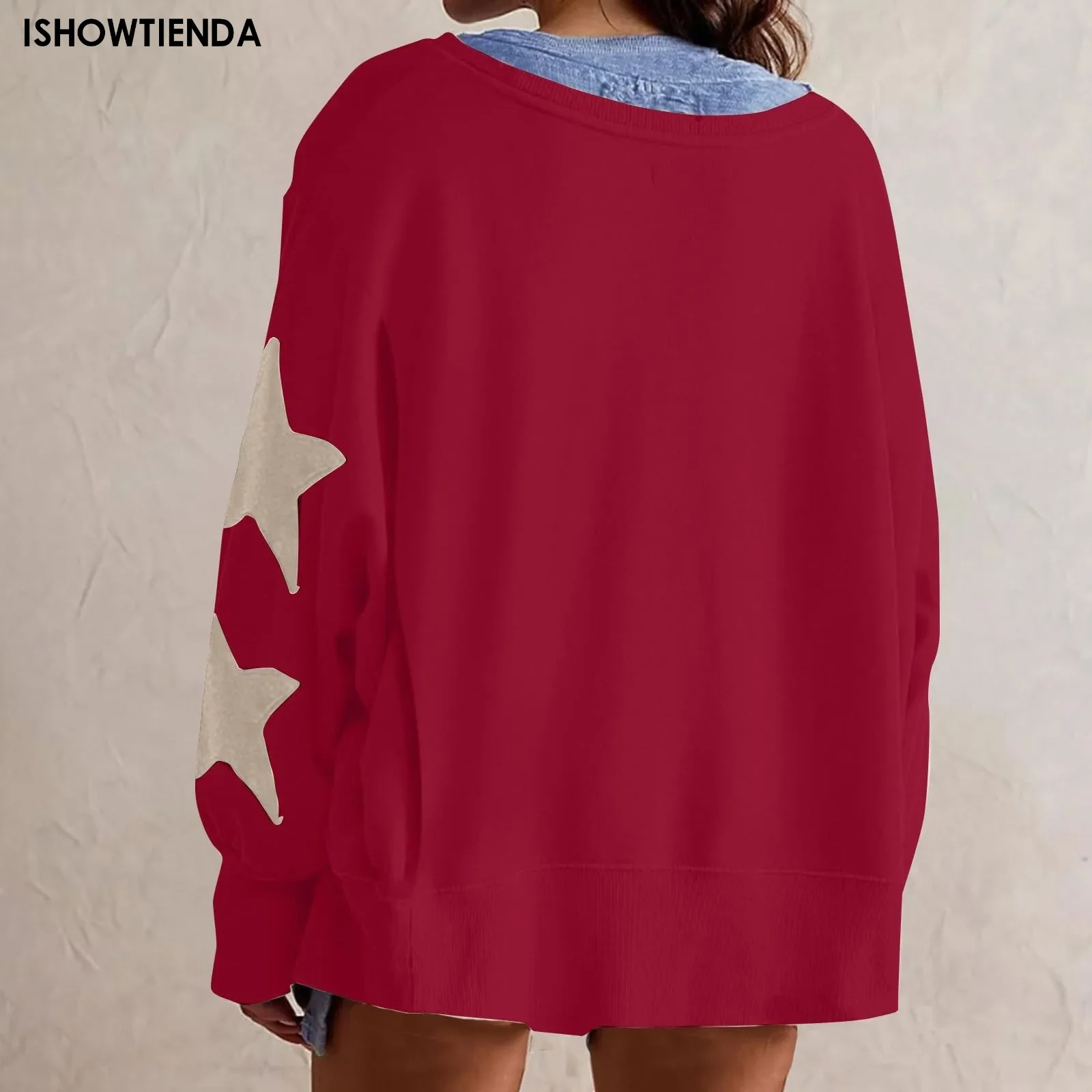 Sudadera holgada con estampado de estrellas para mujer, suéter de manga larga con cuello redondo, talla grande, Otoño e Invierno