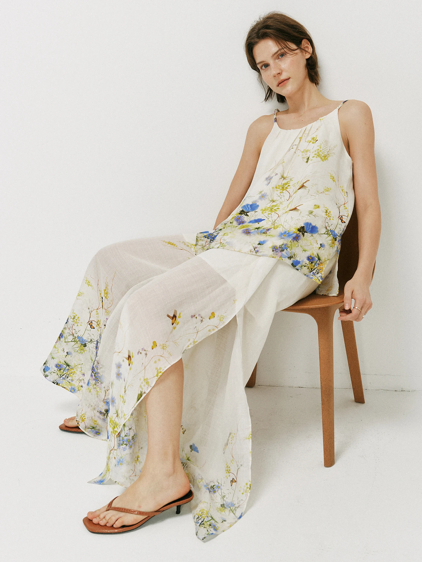 

Watercolor Flower Design 100% Linen Halter Top Elastic Waist Split Long Pants Women's Summer Outfit French Style Printed Dress