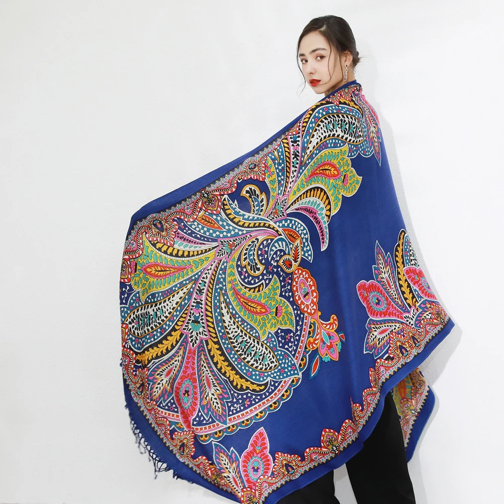 DANA XU 100% Wool Scarf Luxury Paisley Tassel Shawl Blanket Women Scarf Designer Winter Warm and Soft Wrap  Large Size 245*110CM