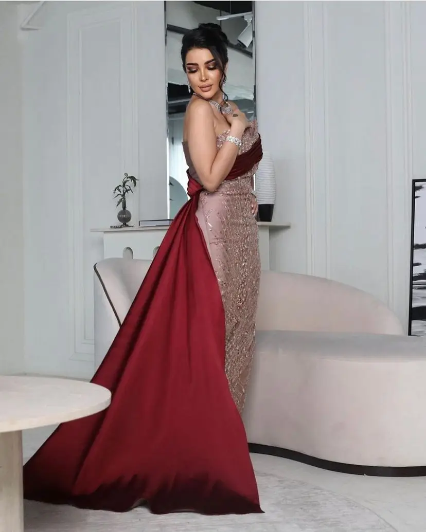 Red One Shoulder Mermaid Prom Dresses Sequins Beaded Floor Length Sleeveless Evening Dresses Saudi Arabia Women\'s فساتين السهرة