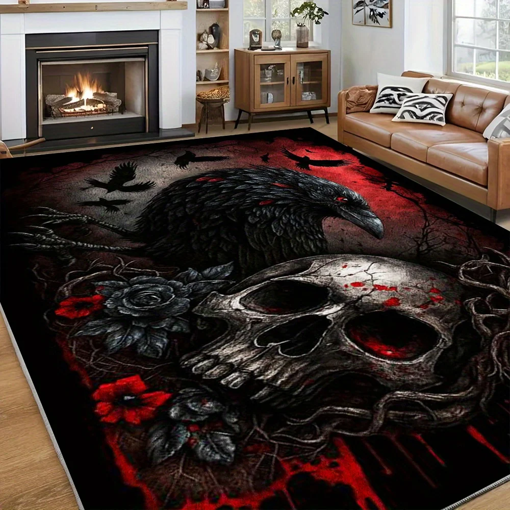 Dark Gothic Crow Skull Printed Area Rug, Red‑Black Mysterious Horror Pattern, Non‑Slip Washable Rectangular Floor Mat