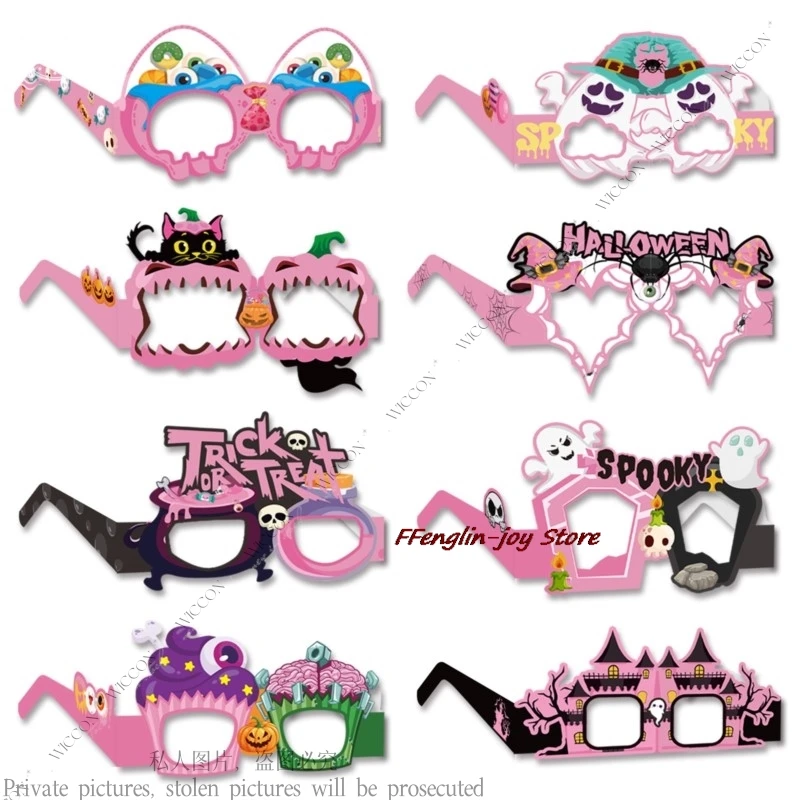 Pink Halloween Party Photo Props Adorn Cute And Funny Children's Halloween Glasses Dress Up Cardboard Glasses 8-piece Pack