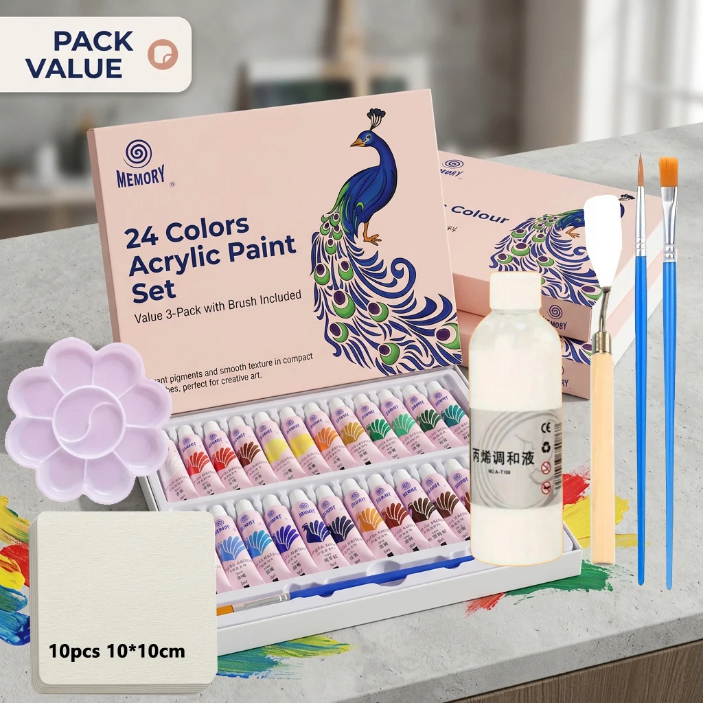 Acrylic Painting Kit 12/24 Colors 5ml Pigment Scraper Mixing Palette 100ml Blending Liquid 10 Sheets Watercolor Paper 2 Brushes