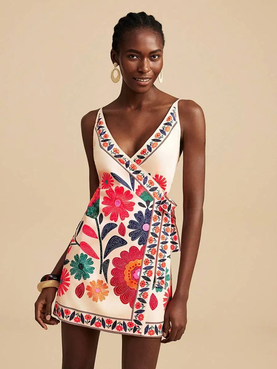 

Женское мини-платье с цветочной вышивкой, V-образным вырезом, летний сарафан в стиле бохо