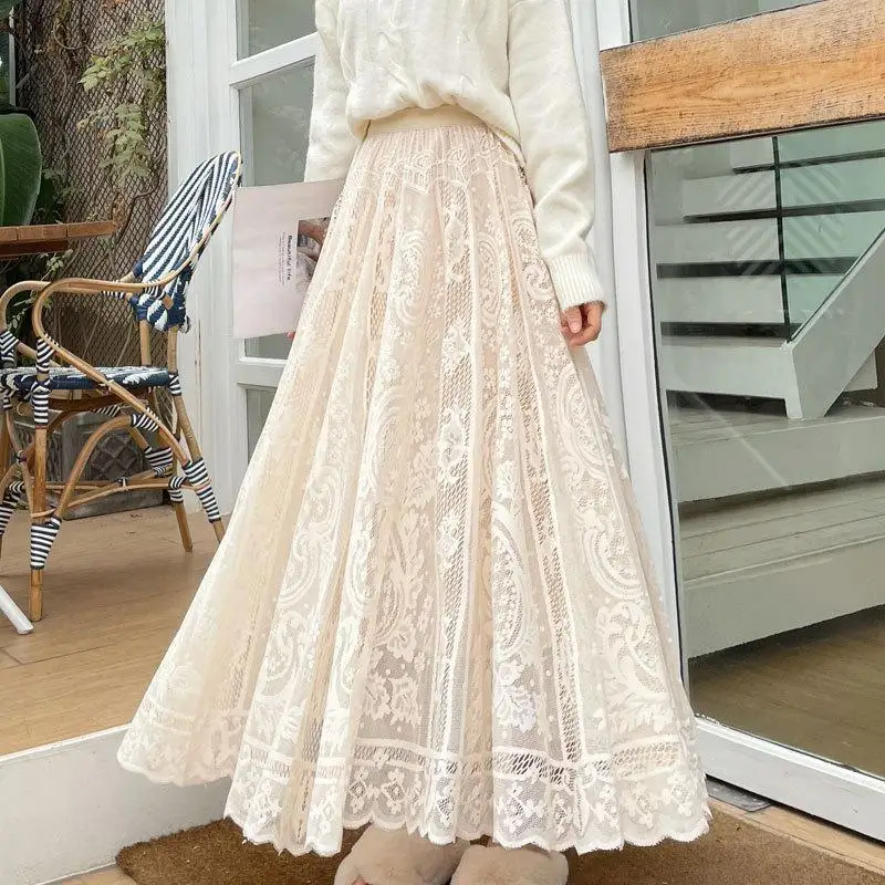 

2026 New Women's Plus Size Vintage Lace Crochet Maxi Skirt Bohemian High Waist Hollow Out Line Slim Swing Long Skirt For Summer