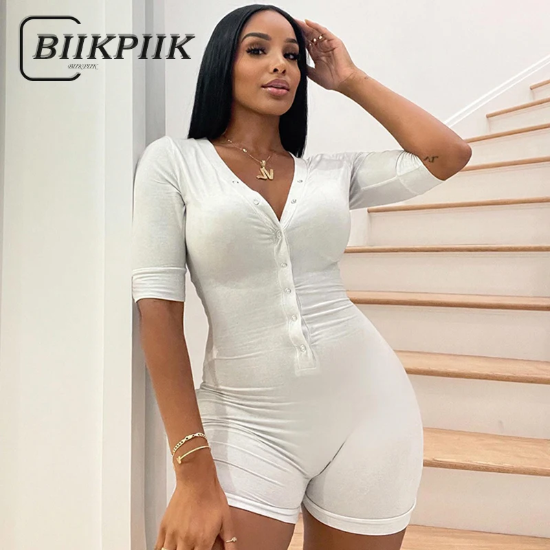 

BIIKPIIK Buttons Slim Fit Activewear Women Playsuits V-neck Half Sleeve Solid Casual Rompers Basic Concise Overall Sporty Outfit