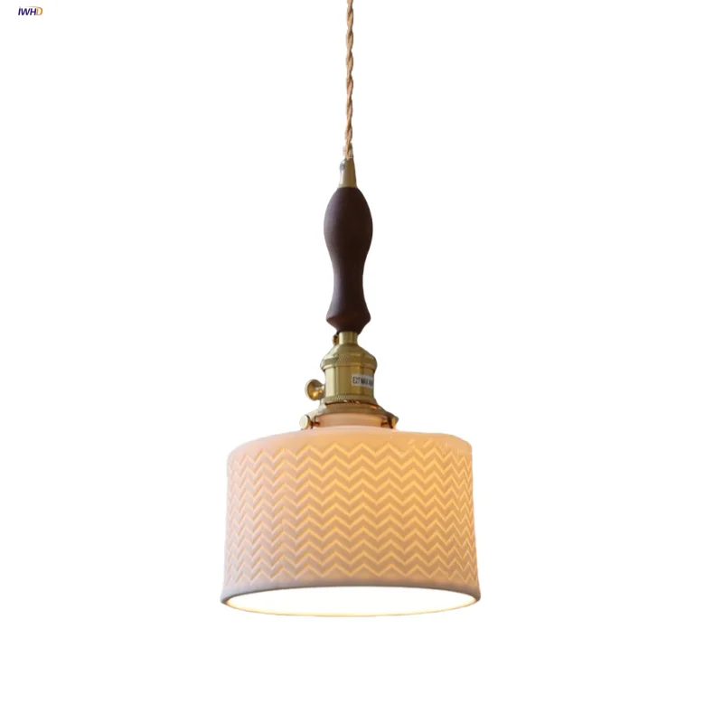 

IWHD Walnut Wood LED Pendant Lights Living Room Bedroom Study Nordic Modern White Ceramic Copper Knob Switch Hang Lamp Luminaire