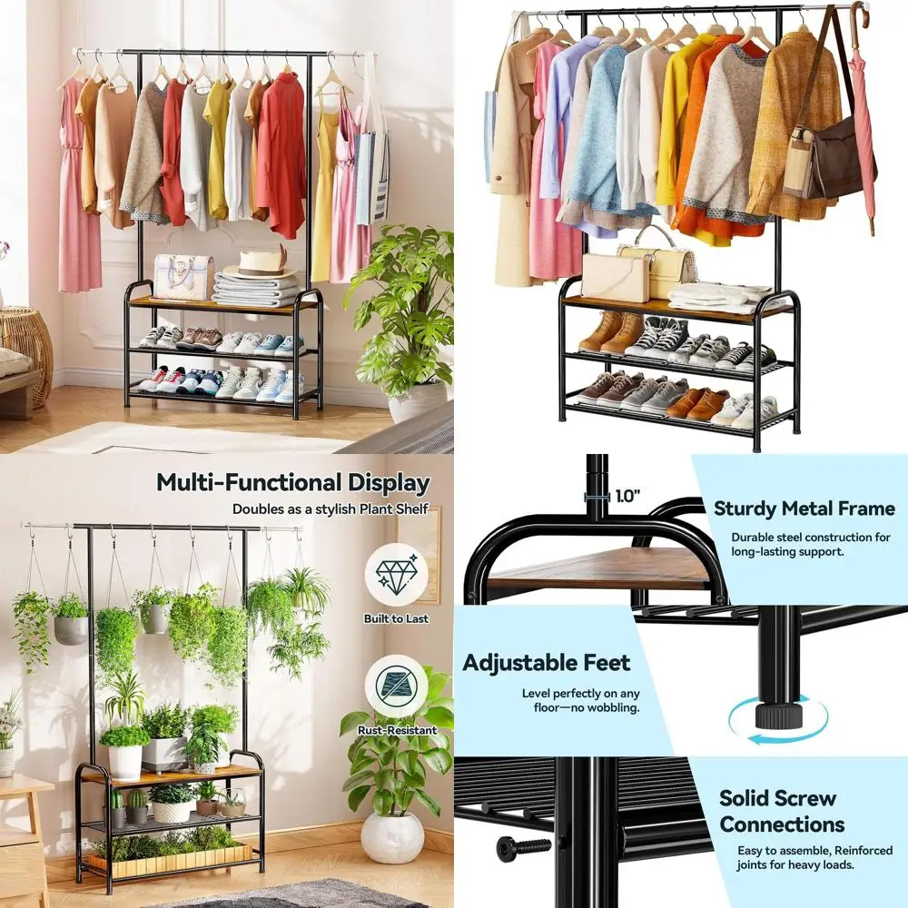 

Промышленная напольная вешалка для одежды с местом для хранения пальто и обуви, деревянная столешница, черная