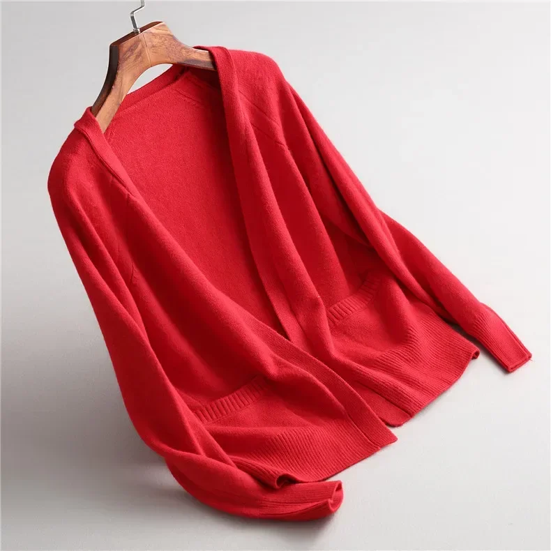 Neue Frauen Frühling Herbst Pullover Strickjacke Mode v kragen einfarbig Wolle Mischung Tasche Lose Stricken Pullover Outwear Mantel