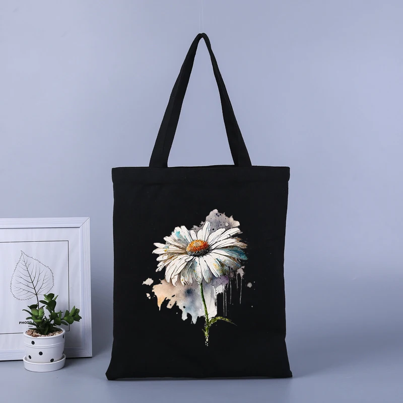 Daisies printed canvas shopping bag large capacity handbag tote bag student school bag