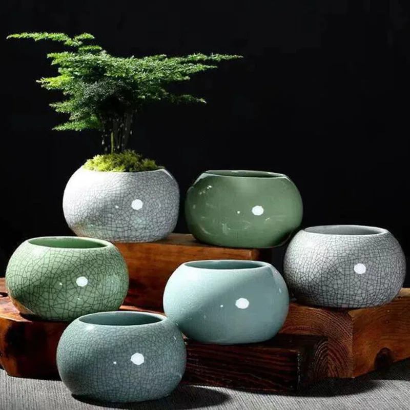 Creative Handmade Geyao Ice Crack Round Succulent Plant Pot Asparagus Fern Orchid Flowerpot Small Size Vase Home Garden Decor