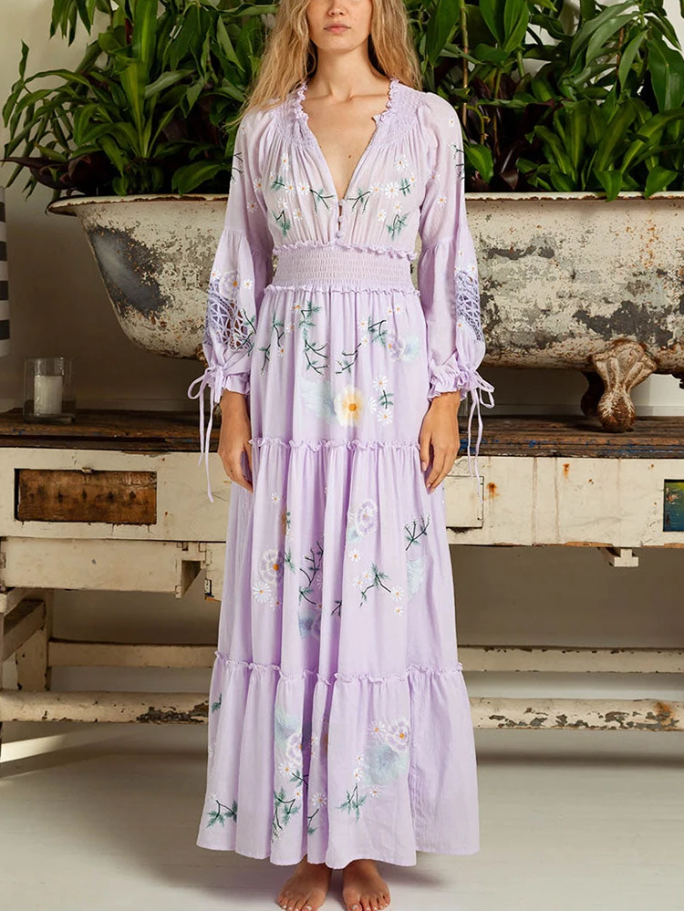 Gypsylady Floral Embroidery Tiered Maxi Dress Holllow Out Long Flare Sleeve Vocation Sexy Women Dresses Ladies Vestidos Robe New