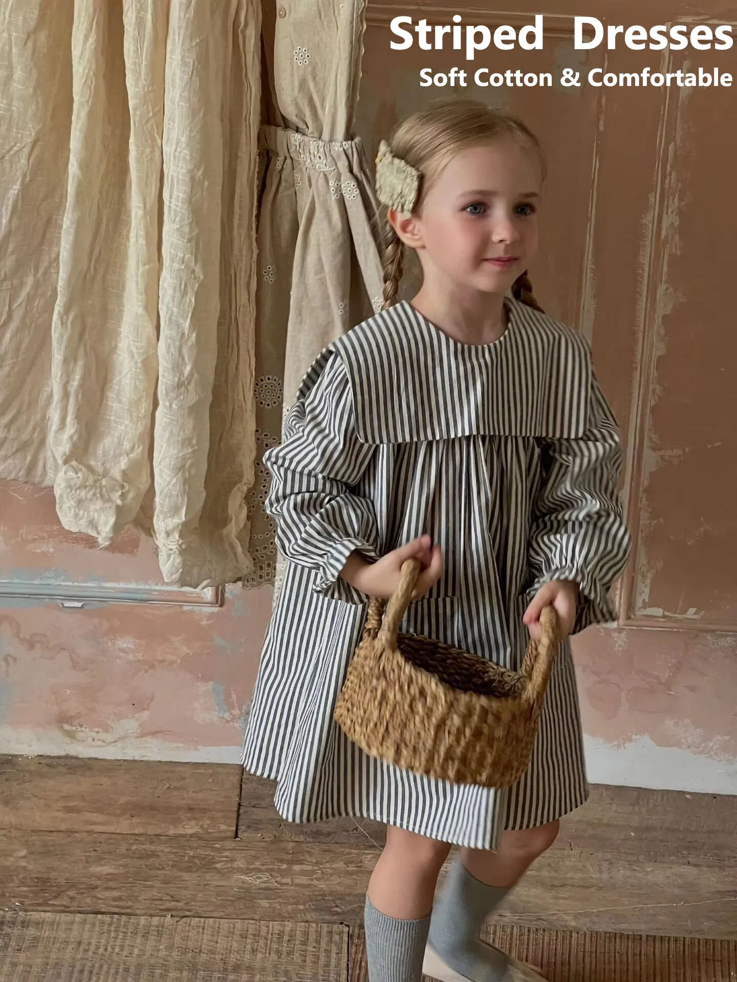 

Весеннее платье для девочек от 1 до 8 лет, 2026 год, платья принцессы в полоску, детские костюмы, осенняя детская свободная хлопковая одежда с отложным воротником