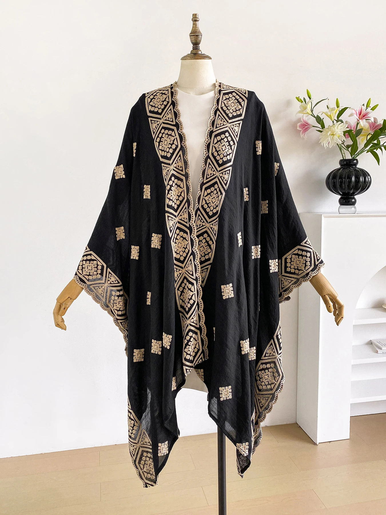 Women Ethnic Geometric Embroidered Cape Shawl, V-Neck Lace Trim Loose Poncho Cover Up for Daily Vacation
