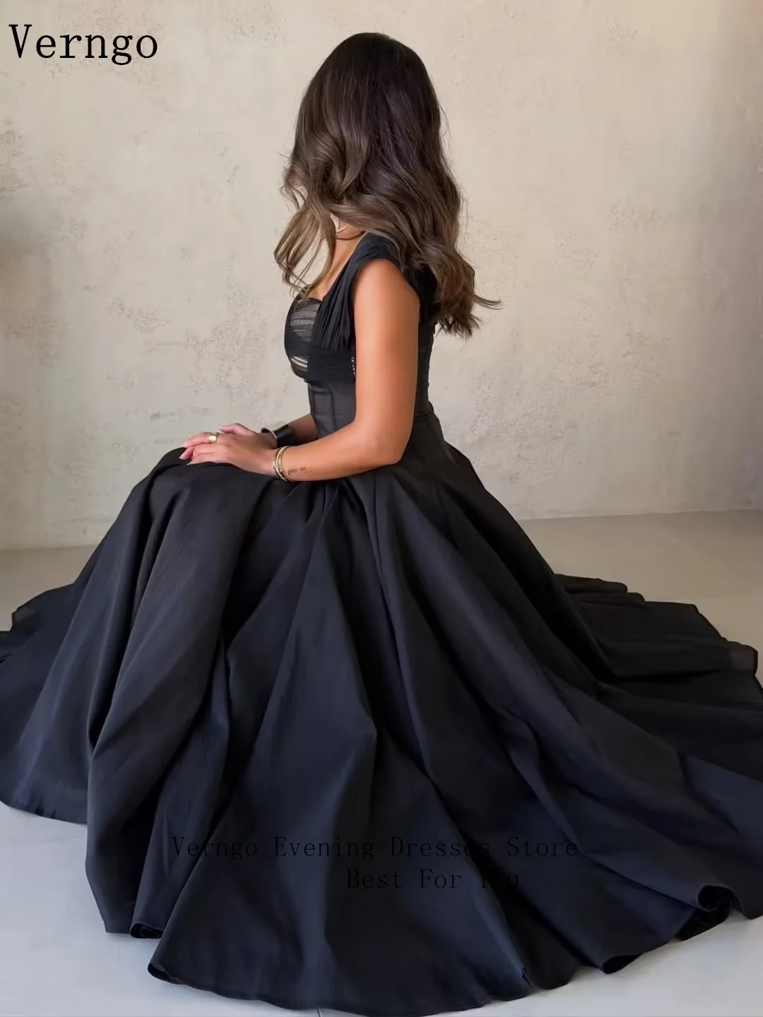 Verngo Black Tulle Evening Dress Spaghetti Straps A Line Pleated Formal Occasion Dress فساتين سهرة Prom GownCustomized 2