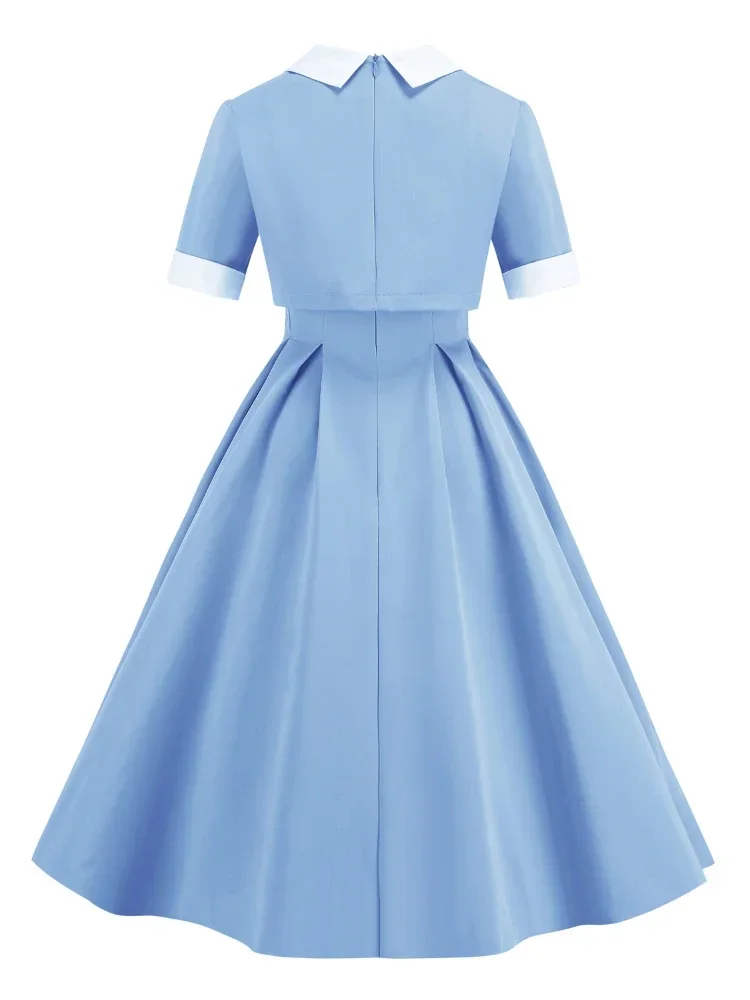 Summen Women Turn-Down Collar Short Sleeve Maxi Dress Pleated Tunic Dresses Hepburn Casual Preppy Style 2 Piece Shirt Long Dress