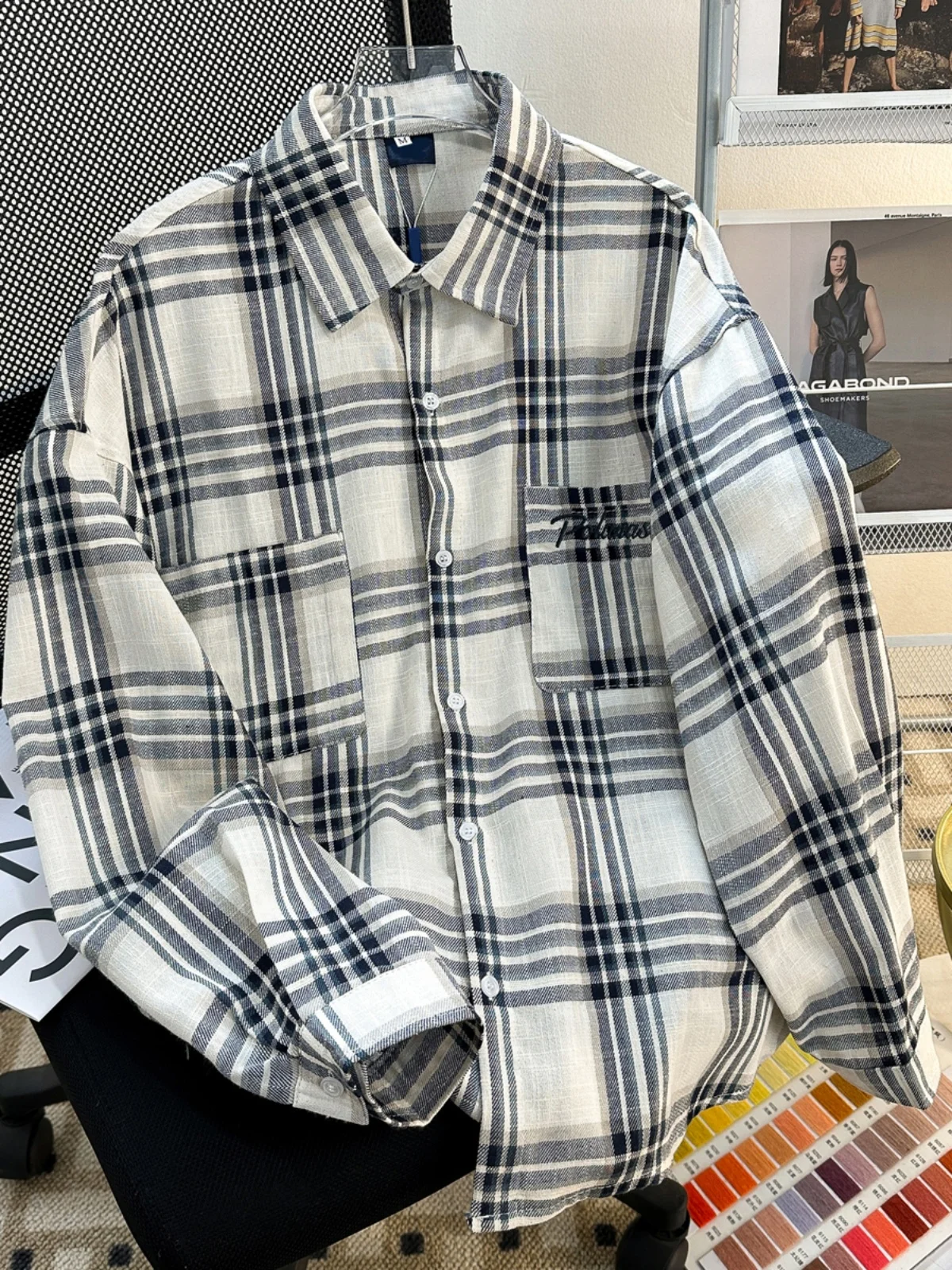 

Весенне-осенняя клетчатая рубашка для мужчин, свободная, с длинным рукавом, в американском ретро-стиле, повседневная, для пар, верхняя одежда с отложным воротником, молодежная мода