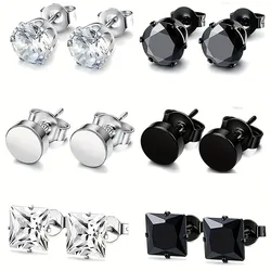 6Pairs/set Trendy Simple Stainless Steel Stud Earrings For Men For Daily Decoration Gift For Family And Friends Holiday Birthday