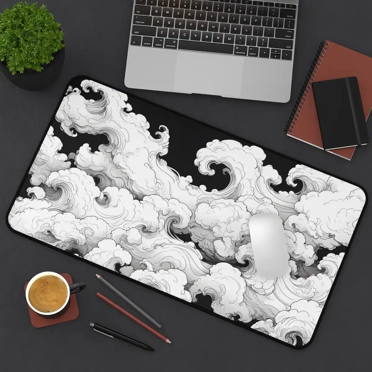 Japanese Cloud Desktop Wave Black and White Gaming Mouse Pad Traditional Ink Art Oriental Storm Design Minimalist Art Play Mat