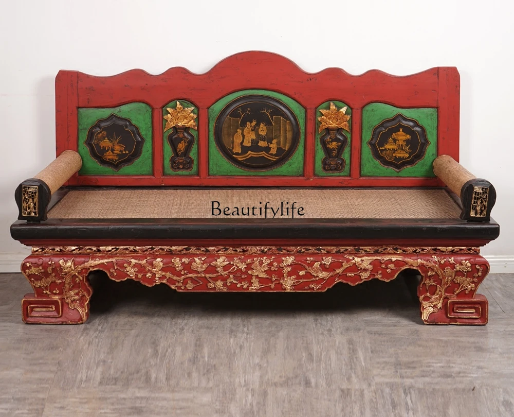 Antique furniture gold-painted carved high back chair flower board bed legs converted classical sofa bench