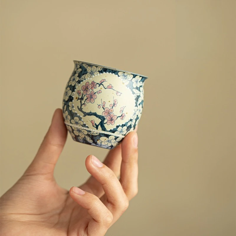 Hand Painted Openwork Blue White Plum Blossom Flared Rim Master Cup Kung Fu Tea Tasting Single Cup Gift for Home Office Decor