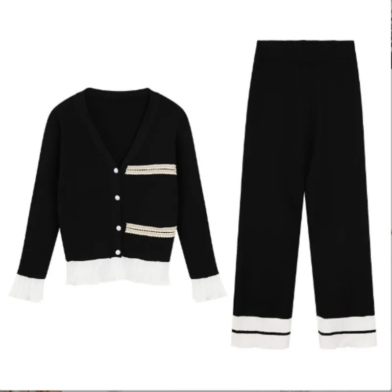 

Осенний новый модный тонкий костюм, женский трикотажный комплект с краем листьев лотоса в иностранном стиле, контрастные цвета, брюки с девятью точками, темпераментный комплект