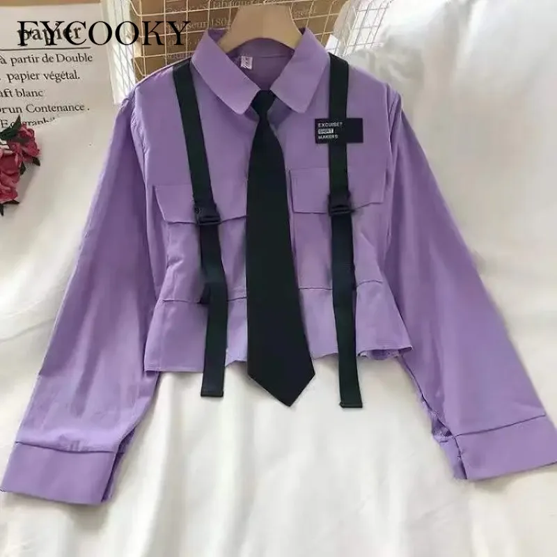 

2025 Harajuku Solid Women's Shirt Tie Pocket Top Casual Turn-down Collar Blouses Woman Streetwear 3 Colors