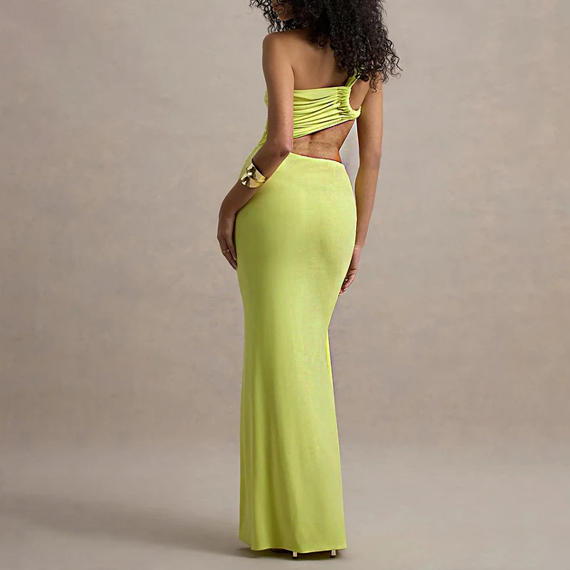 BKLD un hombro asimétrico sin mangas sin espalda Color sólido moda Sexy ceñido al cuerpo cintura fruncida recortado paquete caderas vestidos largos