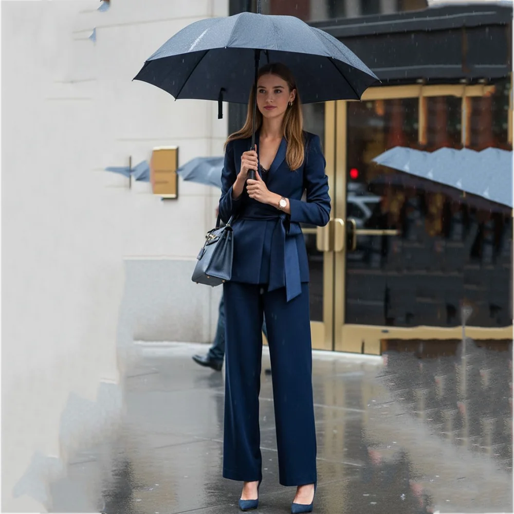 Navy Blue Belted Wrap Suit For Women 2 Piece Set Straight Fit Female Office Business Formal Workwear Elegant Jacket Pants