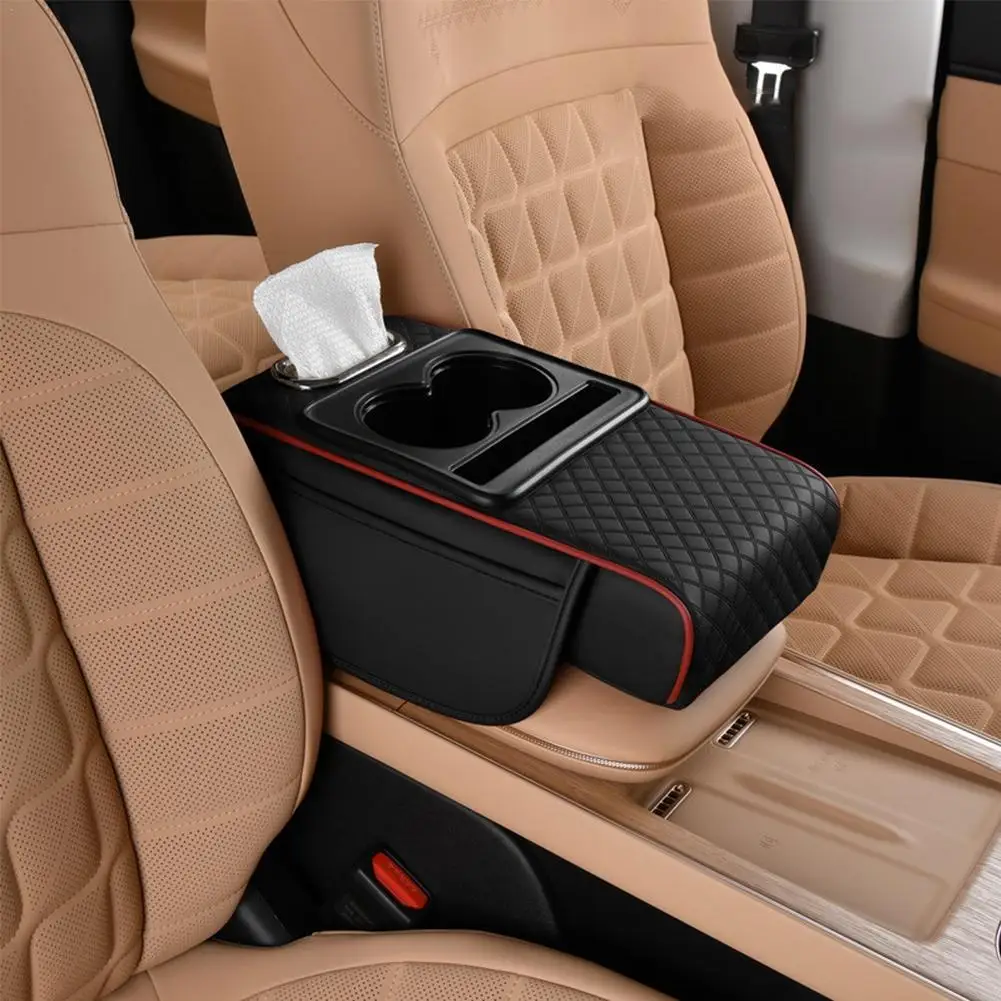 Car Center Console Armrest Cushion Thicken Arm Rest Box Pad Side Extension Cushion With Cup Holder Tissue Box Organizer Bag