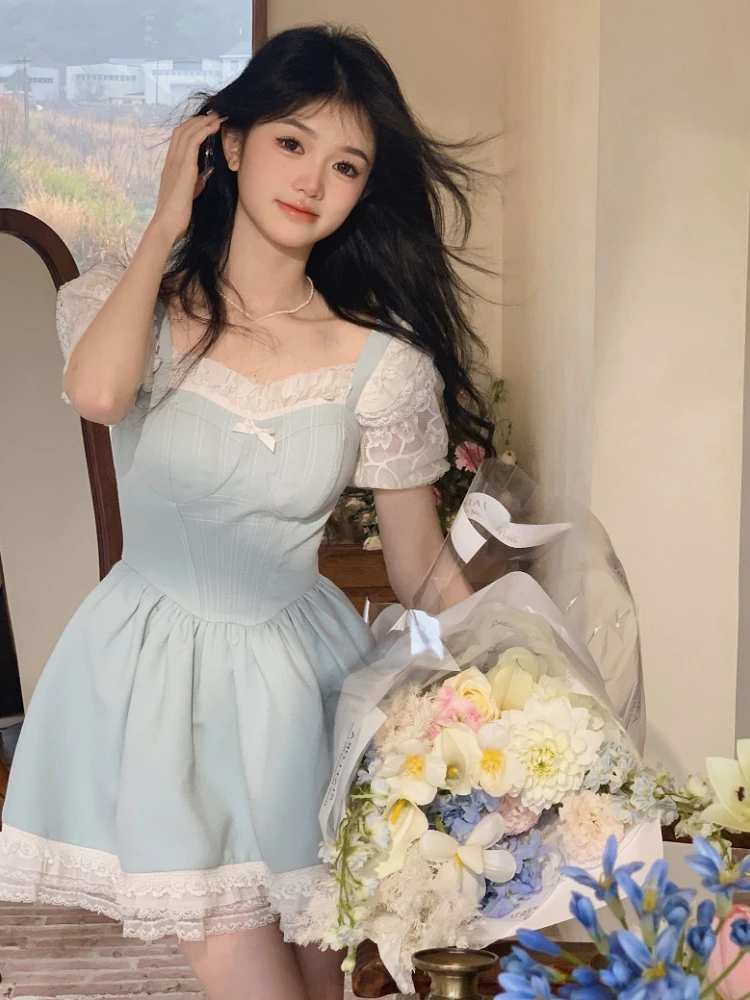 Bubble Sleeve Vintage Elegant Dress Woman Lace Blue Kawaii Sweet Party Mini Dress Female Bow Korean Fashion Dress Summer 2023