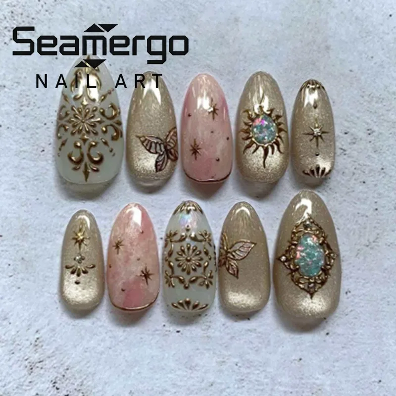

24PCS Green Cat Eye Crystal Almond Press on Nails with Glue Golden Butterfly Star Patterns French Fake Nails for Women Wearable