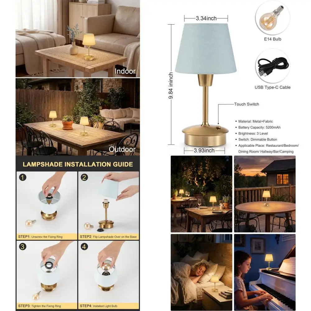 

Набор из 2 беспроводных настольных ламп, аккумулятор 5200 мАч, сенсорное управление, регулировка яркости, портативный ночник для различных помещений