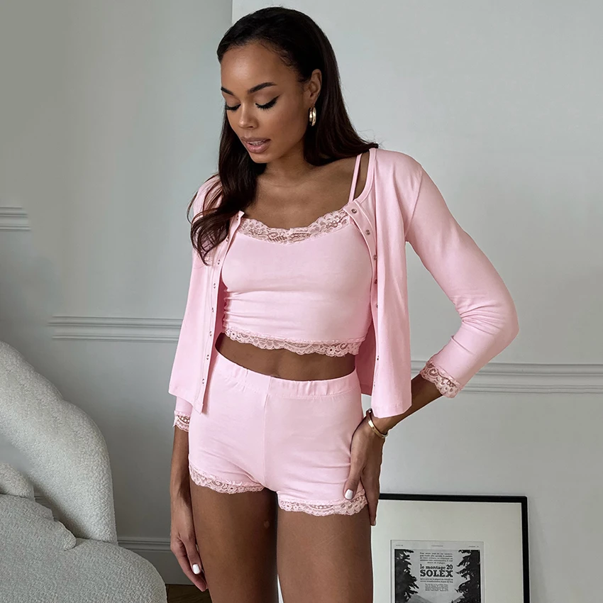 Conjunto de Pijama Informal de Punto con Encaje HiLoc de 3 Piezas, Pantalones Cortos con Cintura Elástica, Camisola con Tirantes Finos y Camisón de Manga Larga