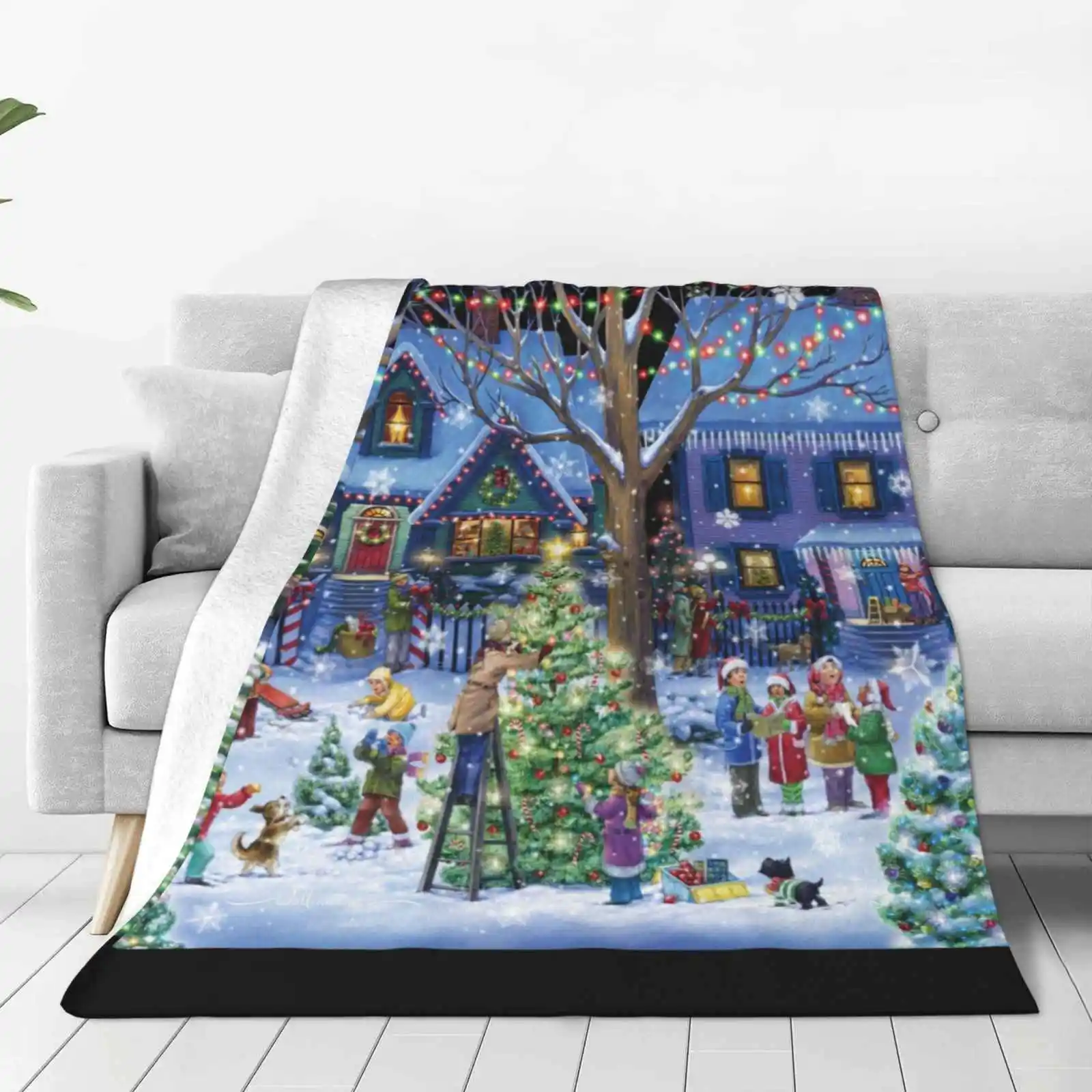 Decorating For Christmas Four Seasons Comfortable Warm Soft Throw Blanket Winter Snowball Christmas Tree Lights Houses