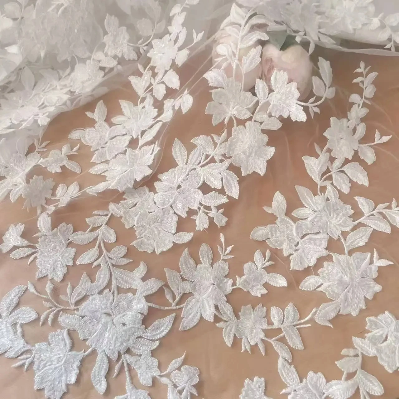 

High Quality White Cotton Large Flower Embroidery Sequin Lace Mesh Fabric, Handmade DIY Fabric for Wedding Veil Sewing Supplies