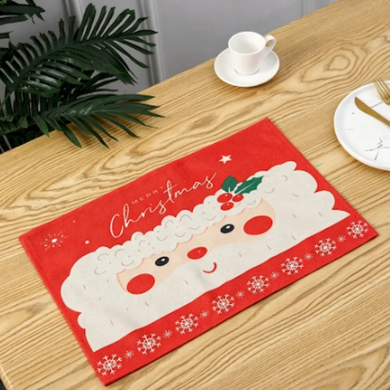 VIKAMA Santa Claus Linen Desktop Mat Cartoon Heat Resistant Washable Table Mat Kitchen Festival Party Home Decoration