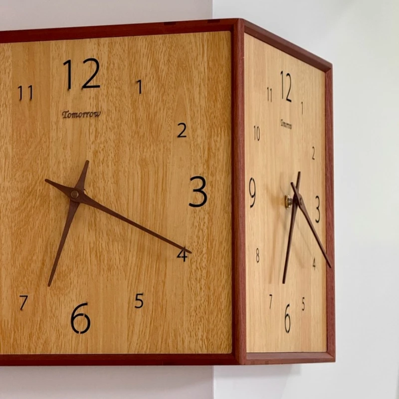 

Креативные угловые часы, настенные часы цвета ореха, квадратные простые двусторонние настенные часы со шкалой арабских цифр, декор для ресторана