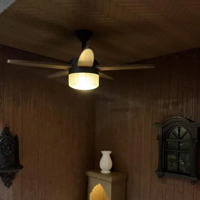 Miniature Ceiling Fan with LED Light 1/12, Vintage Working Metal Resin Dollhouse Model for Box Shadow Box Photography Props Gift view 5