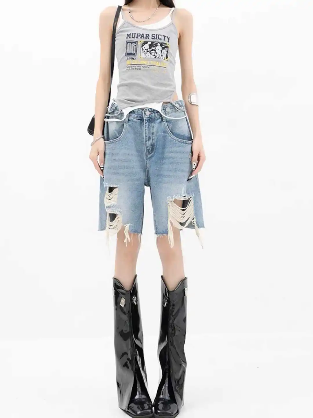 Summer Women American Boyfriend Ripped Denim Shorts Y2K 2000s Japanese Punk Harajuku Streetwear Tide Jean Knee Length Pants New view 2