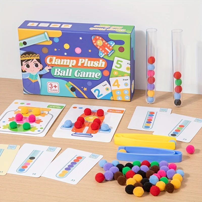 Clamp Plush Ball Game: Colorful Pompoms And 40 Matching Cards for Early Learning And Coordination Training