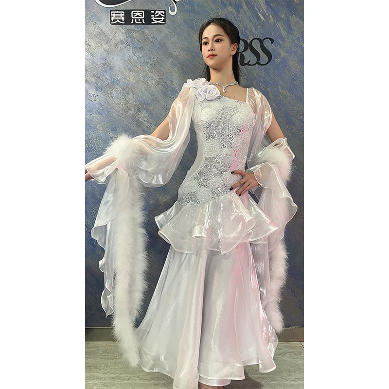 2026 White Ballroom Dance Competition Dress Women Waltz Dance Costumes Feather Sequin High End Prom Dress Performance Wear 18420 view 2