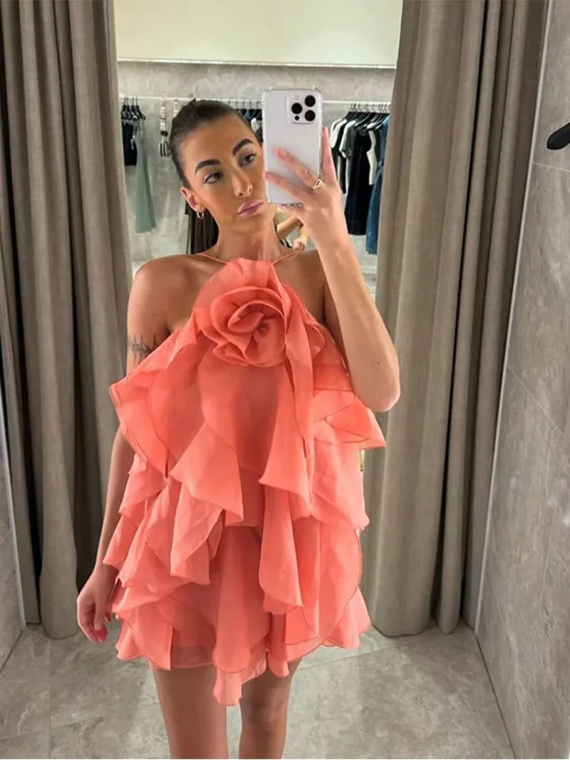 

Elegant 3D Flower Comfortable Ruffle Halter Dress Women Solid Sleeveless Backless Lace Up Dresses 2025Summer Lady Vacation Robes